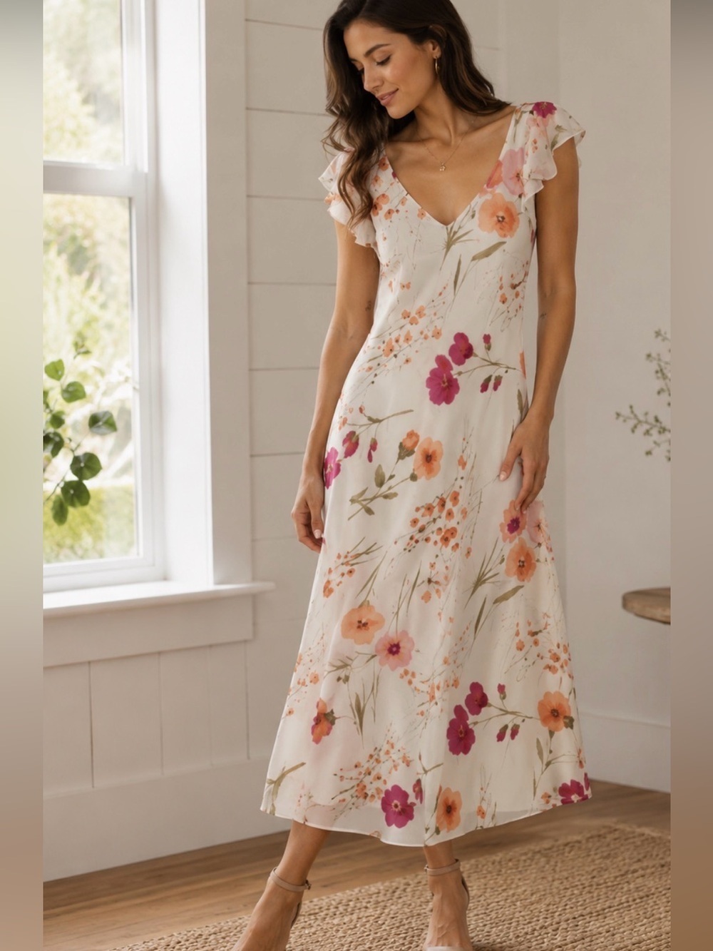 VINTAGE Y2K 90's 9/10 white ditzy floral flutter sleeve midi cottagecore dress